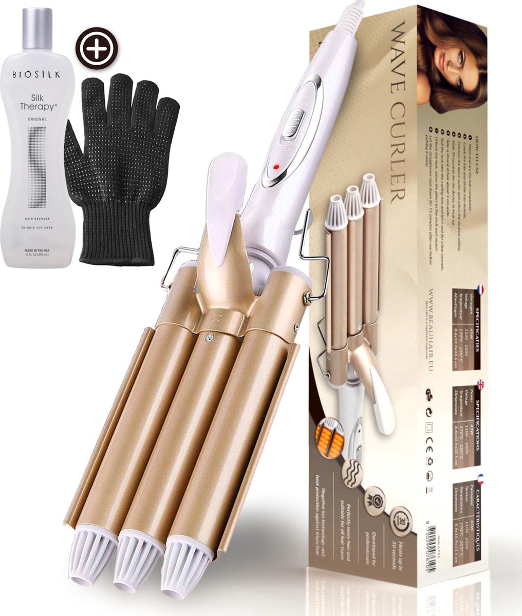 Beau Hair Golvenkrultang - Wafeltang - Automatische Krultang - Inclusief Biosilk Silk Therapy en handschoen - BeauHair