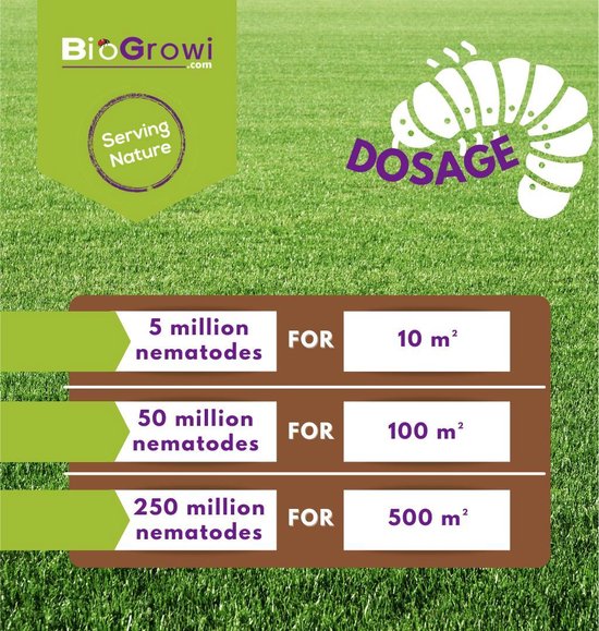 Tabel met doseringen: 5 miljoen aaltjes voor 10 m², 50 miljoen voor 100 m², 250 miljoen voor 500 m².