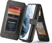 CaseMe Zipper Wallet Samsung S21 hoesje zwart - 2 in 1 Wallet en Flipcover - multifunctionele portemonee - extra ritsvak