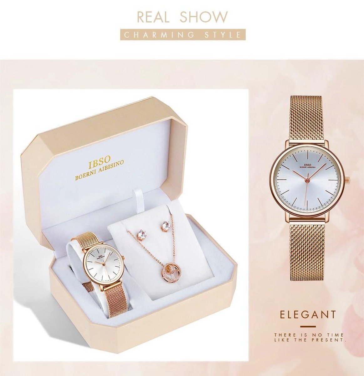 Boerni Aibisino Horloge, Oorbellen en Ketting Rosé luxe geschenk set | Crystal glass | Premium kwaliteit uurwerk Quartz Japan | Mineraal | Geschenk | Fashion | Elegant | Dames | Vrouw | Black Friday