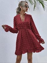 Dames zomer jurk Casual Vlak Jurk Rimpeling - Casual en elegant lente en zomer kleding - Kleur Bordeaux Maat S