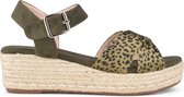 PS Poelman LONA Dames Faux PU Imitatie Suède Leren Sandalen met Espadrille Sleehak Zool en Luipaard Print - Kaki Olijf Groen - Maat 38