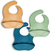 Telano® 3 stuks Slabbetje  met Opvangbakje - Siliconen Slabber Baby Peuter - Verstelbaar en Waterproof - Okergeel - Mintgroen - Blauw