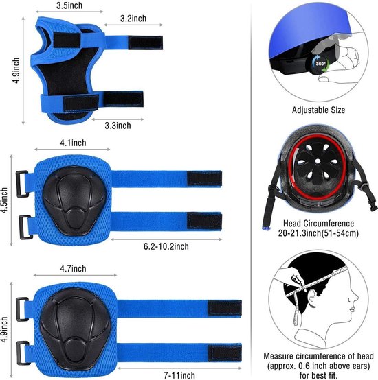 DKDDSSS 7-delige Beschermingsset Voor Kinderen – Knie-, Elleboog- En Polsbeschermers, Blauw, Opbergtas – Voor Skateboard, Fiets En Skeelers (3-10 Jaar)