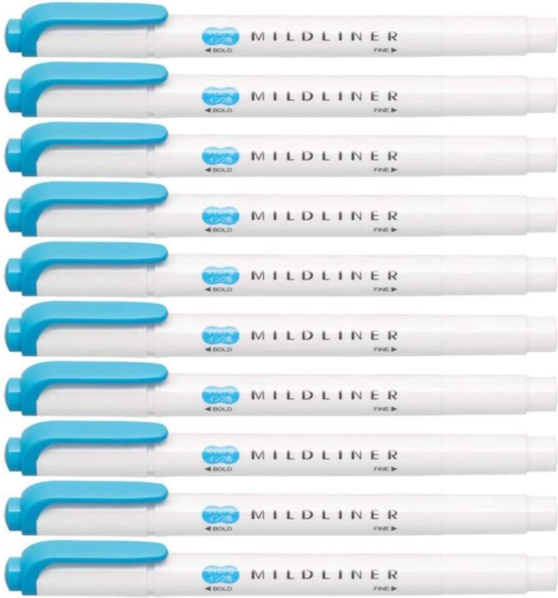 Zebra Mildliner Double-Sided Highlighter - Fine / Bold – Mild Cyan Set van 10 + een Luxe Zipperbag - WKT7-MCYA