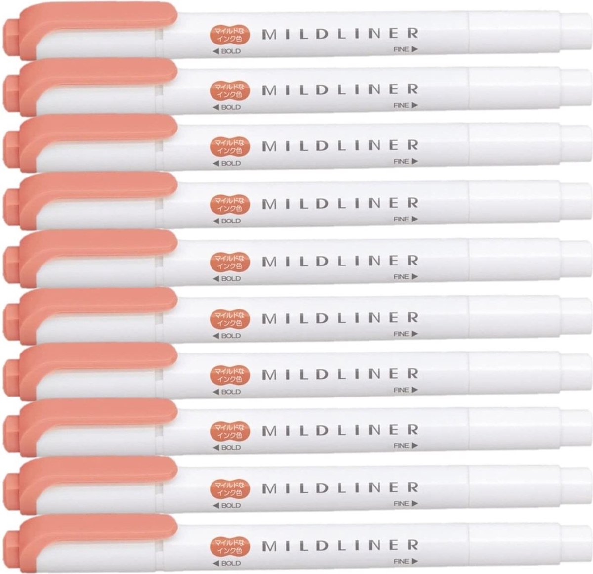 Zebra Mildliner Double-Sided Highlighter - Fine / Bold – Mild Vermilion Set van 10 + een Luxe Zipperbag - WKT7-MVE