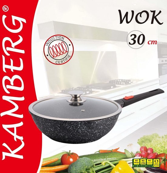 Kamberg Wokpan Inductie - Ø 30 cm - Zwart Marmer - met Deksel – alle warmtebronnen