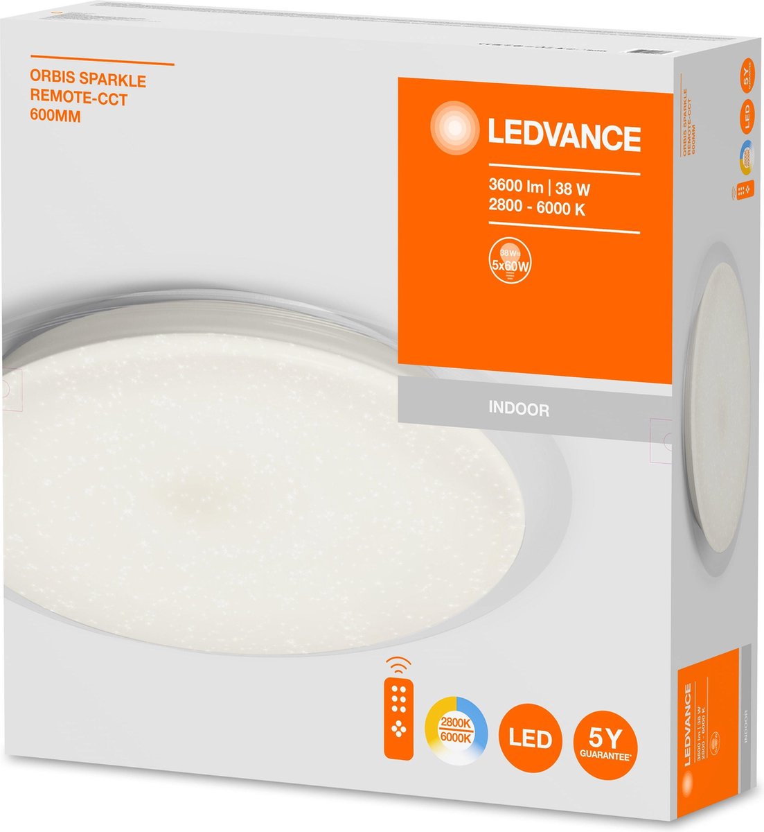 LEDVANCE Wand- en plafondarmatuur LED: voor plafond, ORBIS Sparkle / 38 W, 220…240 V, stralingshoek: 120, Warm wit/Koel wit/Daylight, 2800…6000 K, body materiaal: aluminum, IP20