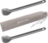 Navaris 2x spork met extra lange handgreep - Set van 2 - Campingbestek van titanium - Bestek voor onderweg - Lichtgewicht - Inclusief bewaarzakje