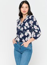 LOLALIZA Blouse met bloemen en driekwartsmouw - Marine Blauw - Maat 36