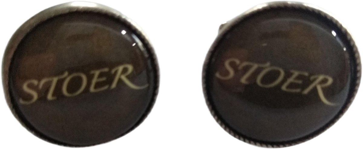 Stoere Manchetknopen verzilverd zwart met tekst stoer