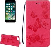 Voor iPhone 8 Plus & 7 Plus vlinders Embossing horizontale flip lederen tas met houder & kaartsleuven & portemonnee & lanyard (magenta)