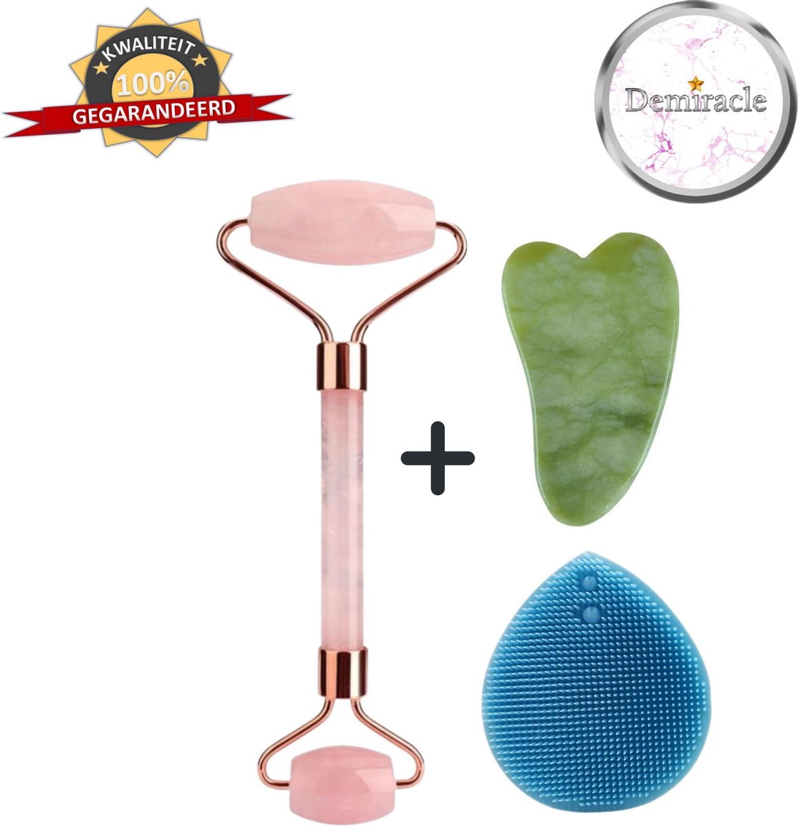 Demiracle Rose Quartz Face Roller met Gua Sha Schraper en Blauwe Siliconen Gezichtsborstel - Gezichtsroller - Massage Roller - Jade Roller - Rimpelverwijdering - Ontspanning