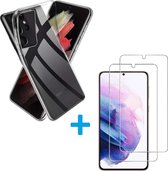 Samsung Galaxy S21 Ultra Hoesje Transparant  TPU Siliconen Soft Case + 2X Tempered Glass Screenprotector