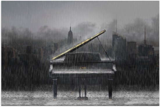 Poster – Piano met Uitzicht op Gebouwen in de Regen (zwart/wit) - 120x80cm Foto op Posterpapier