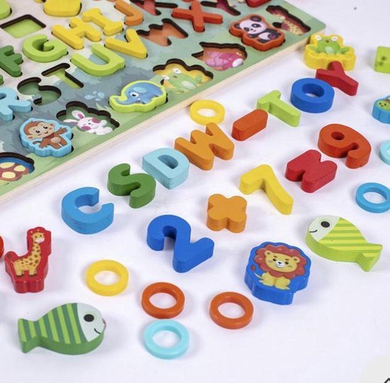Thumbnail van een extra afbeelding van het spel Montessori Houten Educatief Spel - Alfabet - Cijfers - Tellen - Kleuren - Geometrie - Vissen - Dieren