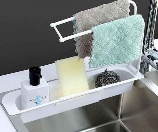 Gootsteenbakje - Sponshouder - Verstelbaar - Gootsteenrek - Keuken - Organiser - Plastiek - Wit - Opbergrek - 10cm - 49cm
