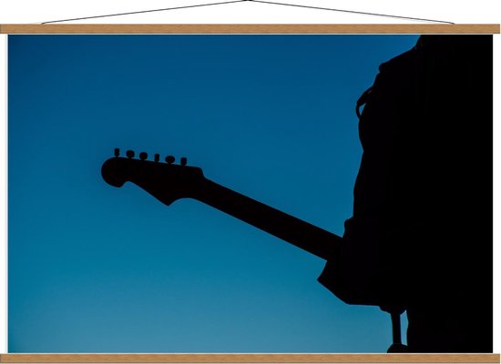 Schoolplaat – Silhouet van Gitarist op Blauwe Achtergrond - 120x80cm Foto op Textielposter (Wanddecoratie op Schoolplaat)