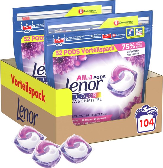 Lenor All in 1 Wasmiddel Pods Amethist & Bloemen Boeket - 2x52 Wasbeurten - Halfjaarbox
