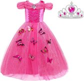 Prinsessen jurk verkleedjurk 116-122 (120) fel roze Luxe met vlinders korte mouw + kroon verkleedkleding