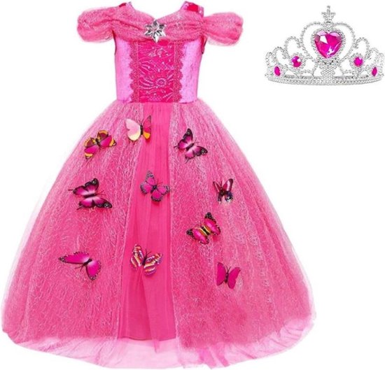 Doornroosje jurk Prinsessen jurk verkleedjurk 116-122 (120) fel roze Luxe met vlinders korte mouw + kroon verkleedkleding