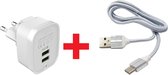 USB lader | Thuislader met kabel | 2 USB Poorten | Oplader met USB-C kabel - geschikt voor Samsung S20 / S21 / S21+ / S20FE / S20+ / S20 Ultra / S10 / S9 / A51 / A41 / A42 / A12 -