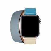 Tweekleurige lederen polsband met dubbele lus Horlogeband voor Apple Watch Series 3 & 2 & 1 42 mm, kleur: grijsblauw + roze wit + ijsblauw