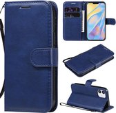 Voor iPhone 12 effen kleur horizontale flip beschermende lederen tas met houder & kaartsleuven & portemonnee & fotolijst & lanyard (blauw)
