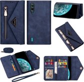 Voor Xiaomi Mi CC9 Skin Feel Rits Horizontale Flip Leren Case met Houder & Kaartsleuven & Fotolijst & Lanyard & Lang Touw (Blauw)