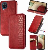 Voor Samsung Galaxy A12 Cubic Grid Pressed Horizontal Flip Magnetic PU Leather Case met houder & kaartsleuven & portemonnee (rood)