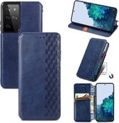Voor Samsung Galaxy S21 Ultra 5G Cubic Grid Pressed Horizontal Flip Magnetic PU Leather Case met houder & kaartsleuven & portemonnee (blauw)