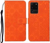 Voor Samsung Galaxy S20 Ultra etnische stijl reliëf patroon horizontale flip lederen tas met houder & kaartsleuven & portemonnee & lanyard (oranje)