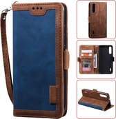 Voor xiaomi mi a3 / cc9 retro splicing horizontale flip lederen case met kaartsleuven & houder & portemonnee (blauw)