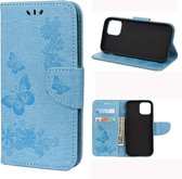Voor iPhone 12 vintage reliÃ«f bloemen vlinder patroon horizontale flip lederen tas met kaartsleuf & houder & portemonnee & lanyard (blauw)