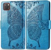 Voor Huawei Y5P vlinder liefde bloem reliëf horizontale flip lederen tas met beugel / kaartsleuf / portemonnee / lanyard (blauw)