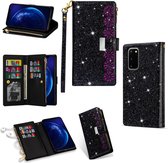 Voor Samsung Galaxy S20 Multi-kaartsleuven Sterrenhemel Laser Carving Glitter Rits Horizontale Flip Leren Case met Houder & Portemonnee & Lanyard (Zwart)