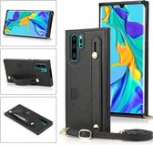 Voor Huawei P30 Pro polsband PU + TPU schokbestendige beschermhoes met crossbody lanyard & houder & kaartsleuf (zwart)