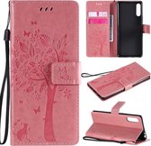 Voor Sony Xperia L4 Tree & Cat reliÃ«fpatroon Horizontale flip lederen tas met houder & kaartsleuven & portemonnee & draagkoord (roze)