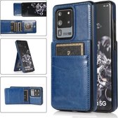 Voor Samsung Galaxy S20 Ultra effen kleur PC + TPU beschermhoes met houder en kaartsleuven (blauw)