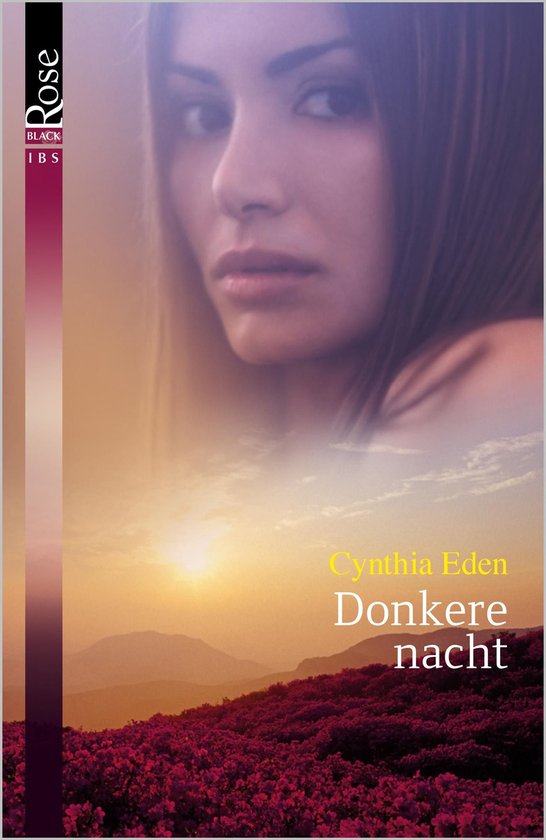 Vrouwelijk gezicht boven een landschap bij zonsondergang. Titel: Donkere nacht. Auteur: Cynthia Eden.