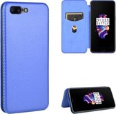 Voor OnePlus 5 Carbon Fiber Texture Magnetische Horizontale Flip TPU + PC + PU Leather Case met Card Slot (Blue)