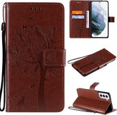Voor Samsung Galaxy S21 5G Boom & Kat Patroon Geperst Afdrukken Horizontale Flip PU Lederen Case met Houder & Kaartsleuven & Portemonnee & Lanyard (Koffie)