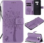 Voor LG K50S Boom & Kat Reliëfpatroon Horizontale Flip Leren Case met Houder & Kaartsleuven & Portemonnee & Lanyard (Lichtpaars)