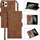 Rits Multi-kaartsleuven Horizontale flip PU lederen tas met houder & kaartsleuven & portemonnee & lanyard & fotolijst voor iPhone 12 mini (bruin)