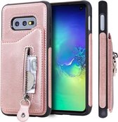 Voor Galaxy S10e effen kleur dubbele gesp ritssluiting schokbestendige beschermhoes (rose goud)