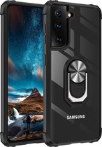 Samsung S21 Hoesje - Samsung Galaxy S21 hoesje Kickstand Ring shock proof case transparant zwarte randen armor magneet
