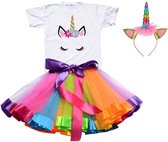 Eenhoorn jurk Unicorn prinsessen verkleed set regenboog 116-128 (M) + GRATIS haarband