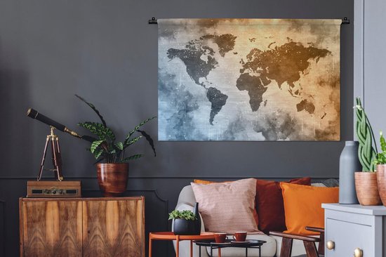 Tapisserie Cartes du mondeIllustrations de Noël - Wereldkaart avec des couleurs de peinture chaudes et froides sur un fond avec un motif texturé Tapisserie murale coton 150x100 cm - Tapisserie avec photo