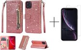Glitter Bookcase voor Apple iPhone 12 Pro Max | Hoogwaardig PU Leren Hoesje | Telefoonhoesje | Portemonnee | Roze Goud + 1x screenprotector