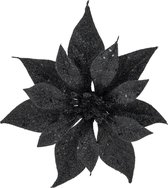 3x stuks decoratie bloemen kerststerren zwart glitter op clip 18 cm - Decoratiebloemen/kerstboomversiering